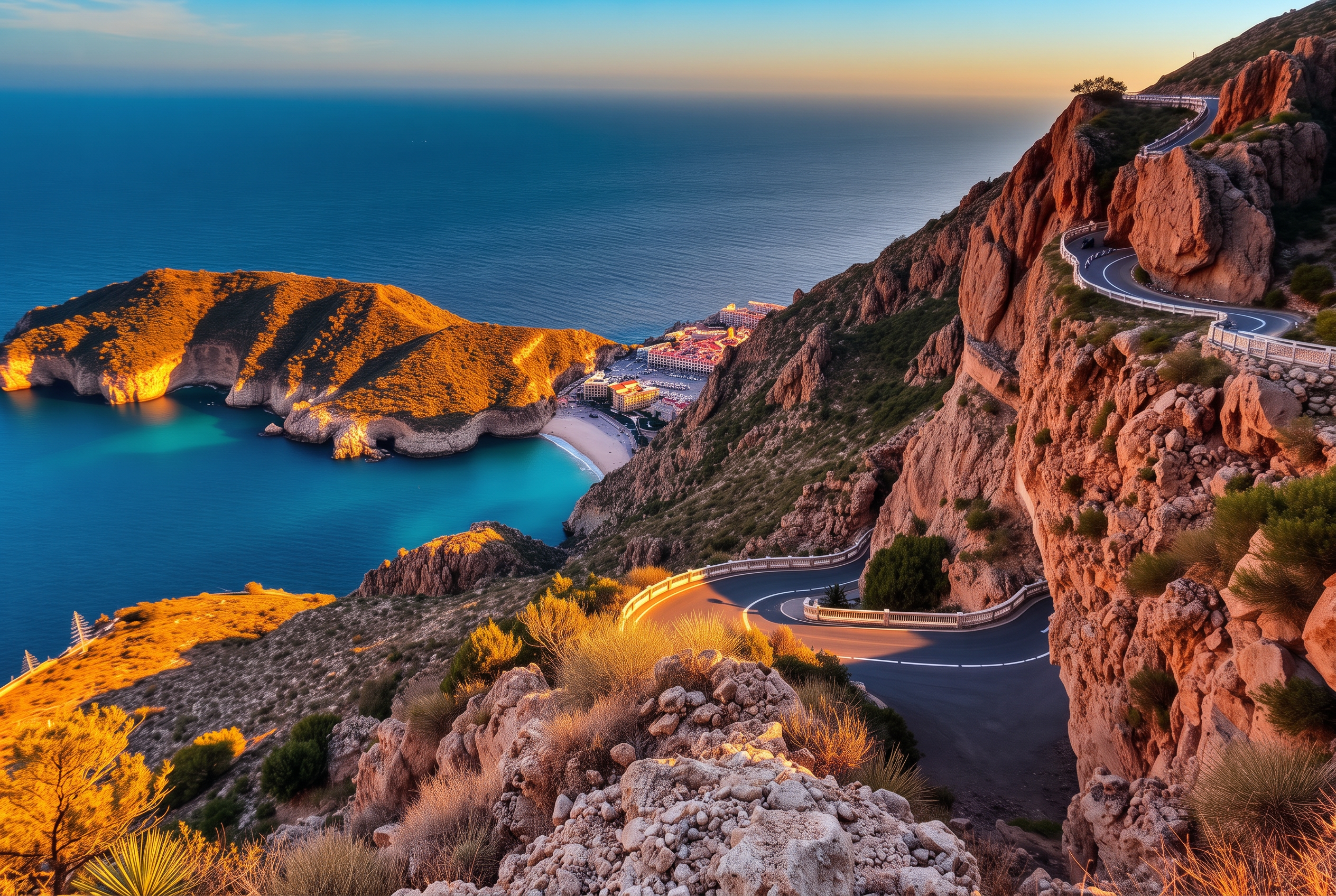 Motard sur une route de Haute-Corse au coucher du soleil
